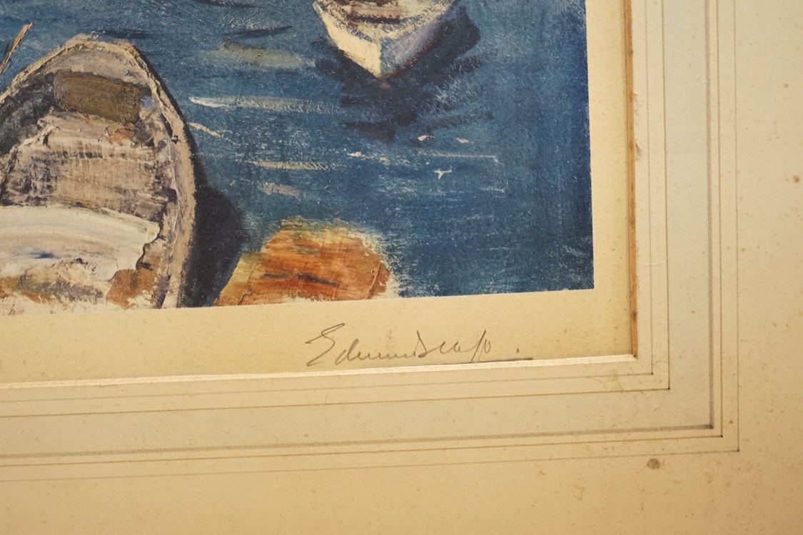 Edward Seago RBA, ARWS, RWS (1910-1974), Continental harbour view, signed in pencil together with Alfred Munnings, colour print 'October Meeting', signed in pencil, largest 49 x 66cm. Condition - poor to fair